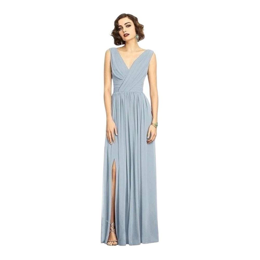 Dessy Collection Blue Mist Sleeveless Draped Chiffon Maxi Dress Front Slit 2894
